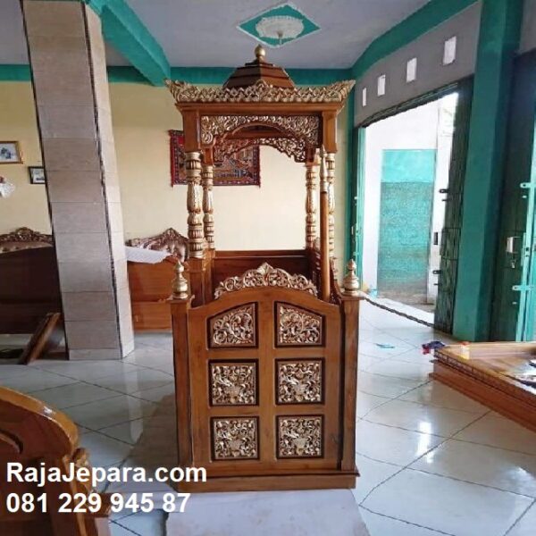 Ornamen mimbar masjid Jepara minimalis mewah ukir-ukiran model terbaru desain podium khubah sholat jumat sesuai sunnah kayu jati harga murah