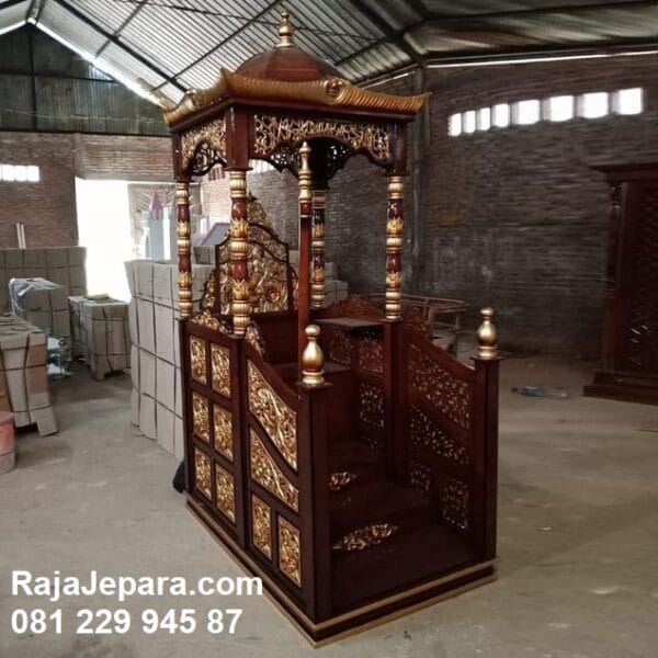 Model mimbar masjid terbaru Jepara kayu jati ukir-ukiran desain podium khutbah sholat jumat kubah dengan tongkat sesuai sunah harga murah