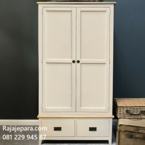 Desain lemari pakaian 2 pintu modern minimalis dan sederhana terbaru warna putih cat duco dari kayu model desain almari baju dua laci harga murah