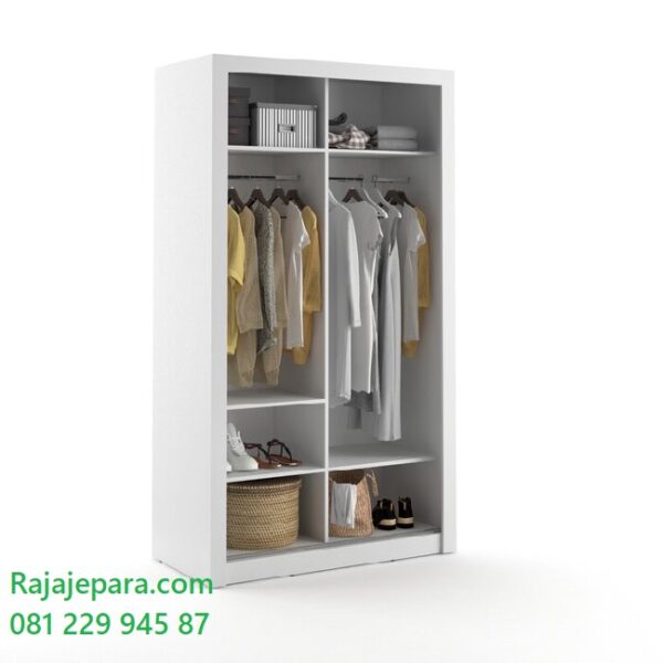 Harga lemari pakaian 2 pintu minimalis sliding door model almari baju dua pintu kaca cermin warna putih desain modern terbaru murah