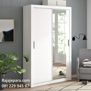 Harga lemari pakaian 2 pintu minimalis sliding door model almari baju dua pintu kaca cermin warna putih desain modern terbaru murah