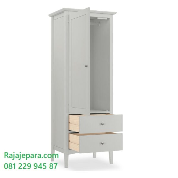 Lemari pakaian 1 pintu klasik minimalis modern dan terbaru model desain almari baju anak satu pintu dua laci warna putih cat duco harga murah