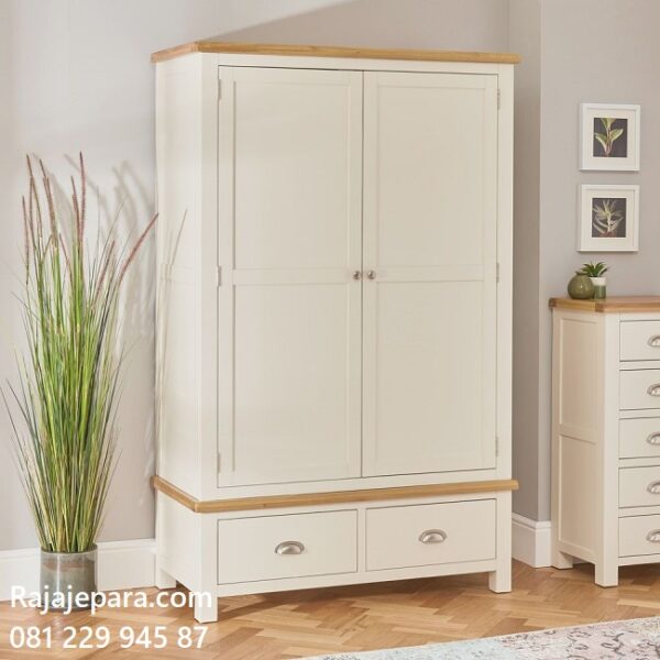 Model lemari pakaian 2 pintu minimalis modern dan klasik terbaru desain almari baju dua laci warna putih cat duco dari kayu harga murah