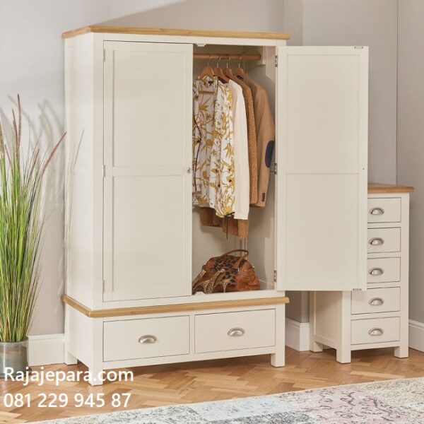 Model lemari pakaian 2 pintu minimalis modern dan klasik terbaru desain almari baju dua laci warna putih cat duco dari kayu harga murah