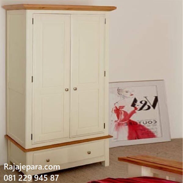 Model lemari pakaian 2 pintu minimalis modern dan klasik terbaru desain almari baju dua laci cat duco warna putih dari kayu Jepara harga murah