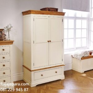 Model lemari pakaian 2 pintu minimalis modern dan klasik terbaru desain almari baju dua laci cat duco warna putih dari kayu Jepara harga murah