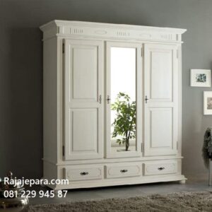 Desain lemari pakaian 3 pintu klasik minimalis modern dari kayu cat duco model almari baju tiga pintu kaca cermin warna putih sliding harga murah