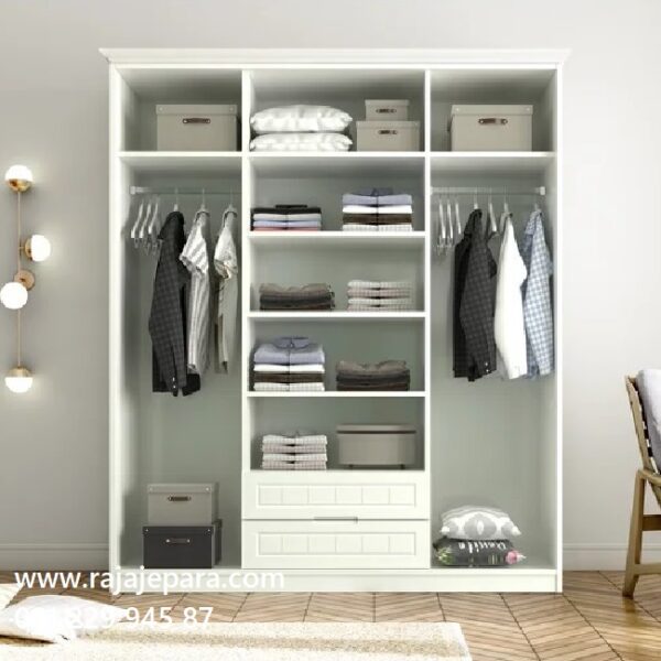 Desain lemari pakaian 4 pintu minimalis modern dan klasik ukuran terbaru model almari baju empat pintu kaca cermin putih harga murah