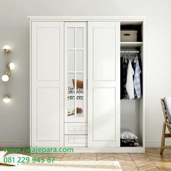Desain lemari pakaian 4 pintu minimalis modern dan klasik ukuran terbaru model almari baju empat pintu kaca cermin putih harga murah