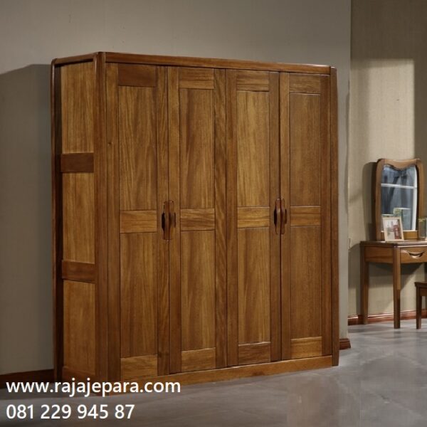 Harga lemari pakaian 4 pintu jati Jepara model desain almari baju empat pintu dari kayu minimalis mewah dan klasik ukuran terbaru murah