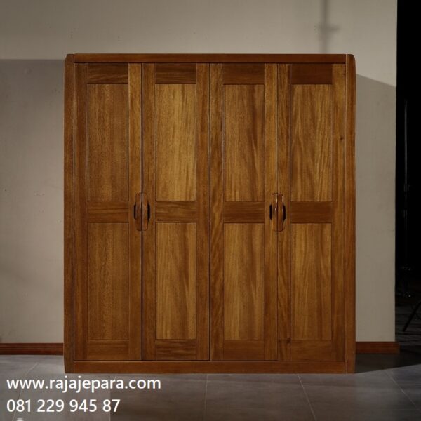 Harga lemari pakaian 4 pintu jati Jepara model desain almari baju empat pintu dari kayu minimalis mewah dan klasik ukuran terbaru murah