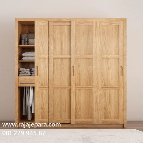 Harga lemari pakaian 4 pintu sliding jati Jepara model desain almari baju empat pintu geser kayu modern klasik ukuran terbaru harga murah