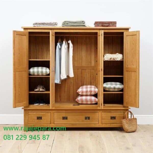 Lemari pakaian 4 pintu jati minimalis mewah dan klasik model desain almari baju empat laci ukuran terbaru dari kayu Jepara harga murah