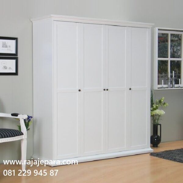 Lemari pakaian 4 pintu minimalis modern klasik warna putih dari kayu model desain almari baju empat pintu Jepara ukuran terbaru harga murah