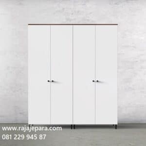 Lemari pakaian 4 pintu modern minimalis klasik model desain almari baju dari kayu empat pintu cat duco warna putih ukuran terbaru harga murah