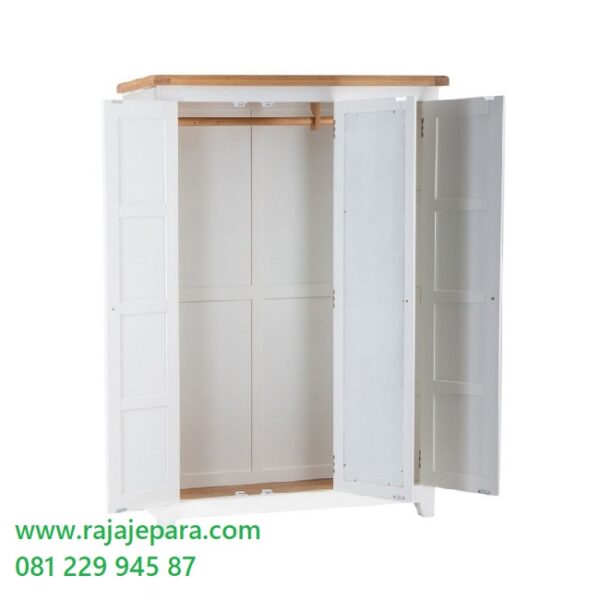 Model lemari pakaian 3 pintu kaca cermin desain almari baju tiga pintu laci warna putih cat duco minimalis modern dan ukuran terbaru harga murah