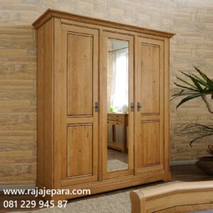 Model lemari pakaian 3 pintu kayu jati Jepara model desain almari baju tiga pintu kaca cermin minimalis klasik ukuran terbaru mewah harga murah