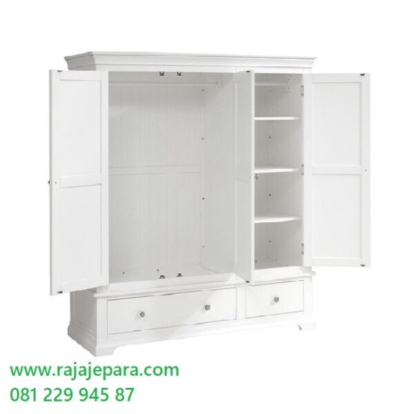 Model lemari pakaian 3 pintu minimalis modern warna putih ukuran terbaru desian almari baju tiga pintu dari kayu sliding harga murah
