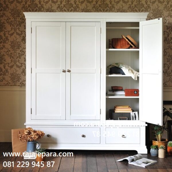 Model lemari pakaian 3 pintu minimalis modern warna putih ukuran terbaru desian almari baju tiga pintu dari kayu sliding harga murah