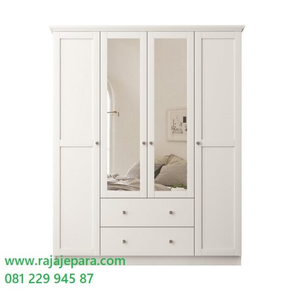 Model lemari pakaian 4 pintu kaca minimalis modern klasik ukuran terbaru desain almari baju empat pintu cermin dari kayu warna putih harga murah