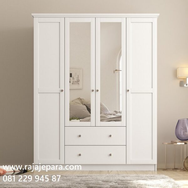 Model lemari pakaian 4 pintu kaca minimalis modern klasik ukuran terbaru desain almari baju empat pintu cermin dari kayu warna putih harga murah