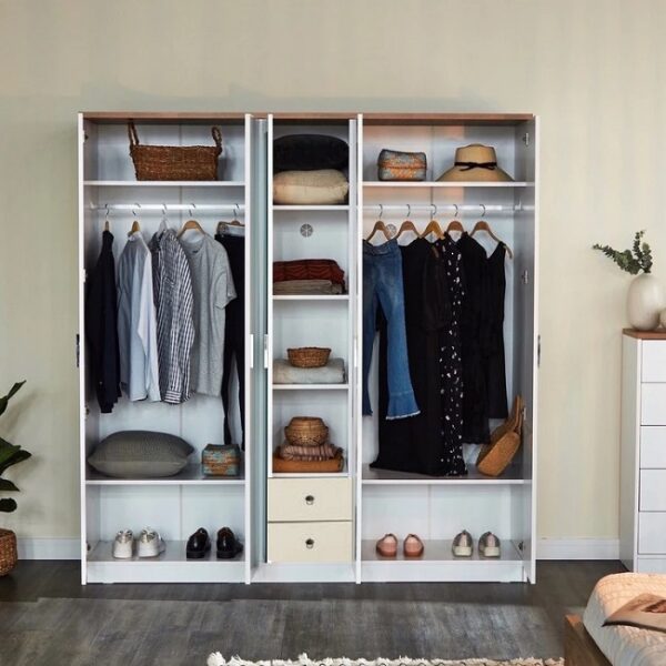 Desain lemari pakaian 5 pintu minimalis modern dan klasik ukuran terbaru model almari baju lima pintu kaca cermin putih dari kayu harga murah