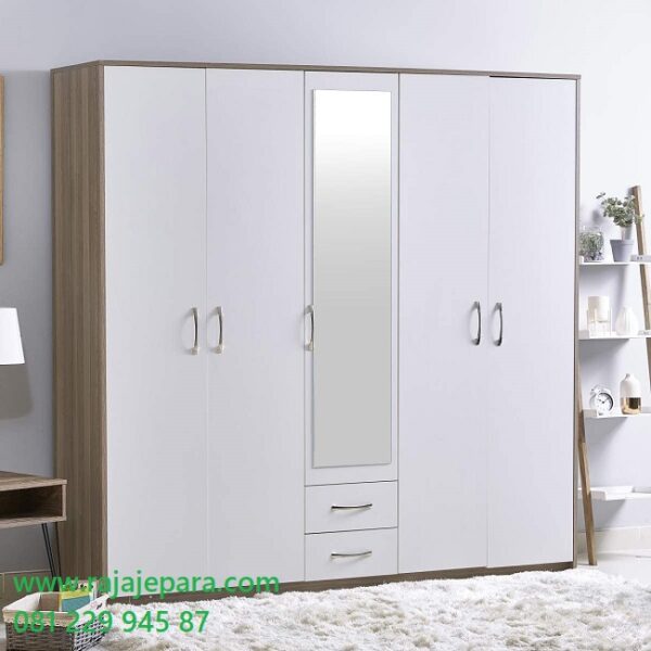 Harga lemari pakaian 5 pintu minimalis modern mewah klasik ukuran terbaru model desain almari baju lima pintu kaca cermin putih 2 laci murah