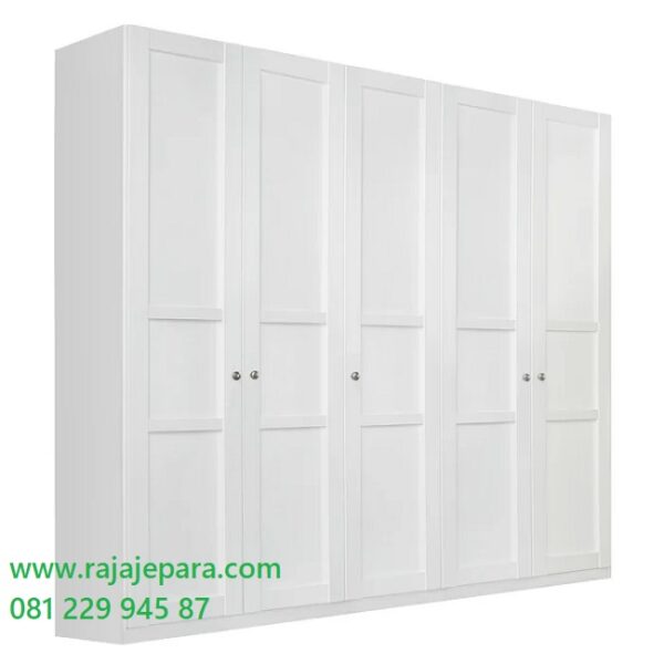 Harga lemari pakaian 5 pintu minimalis modern dan klasik mewah ukuran terbaru model desain almari baju lima pintu putih dari kayu cat duco murah
