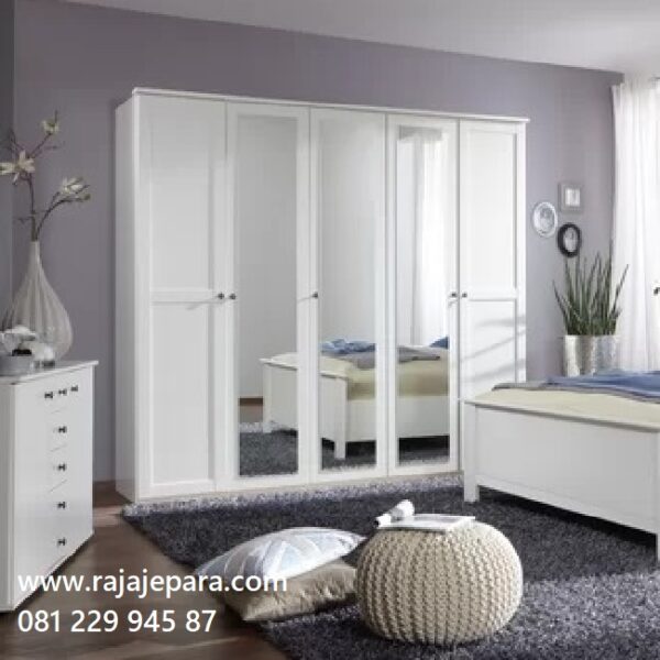 Jual lemari pakaian 5 pintu minimalis modern klasik ukuran terbaru model desain almari baju lima pintu kaca cermin putih cat duco kayu harga murah