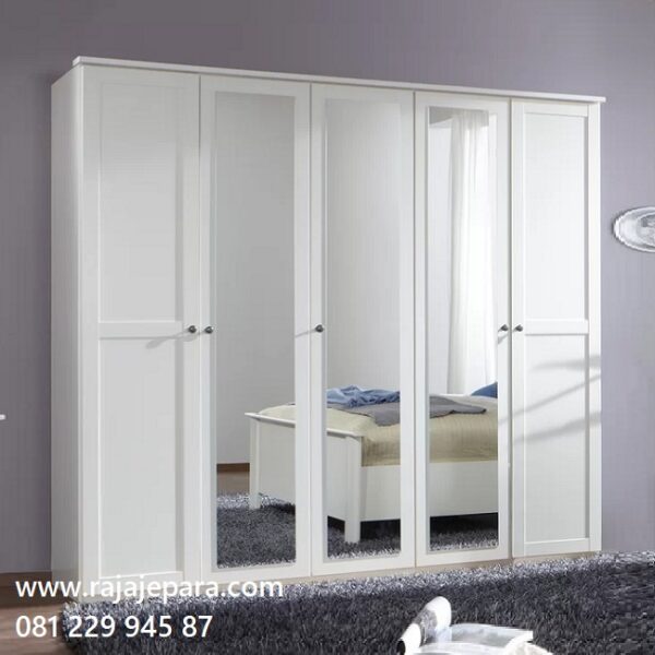 Jual lemari pakaian 5 pintu minimalis modern klasik ukuran terbaru model desain almari baju lima pintu kaca cermin putih cat duco kayu harga murah