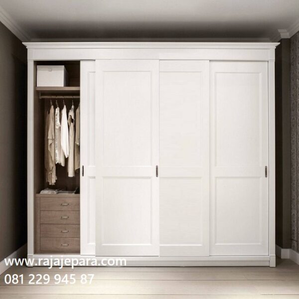 Lemari pakaian 4 pintu minimalis sliding door geser model desain almari baju empat pintu putih dari kayu modern klasik ukuran terbaru harga murah