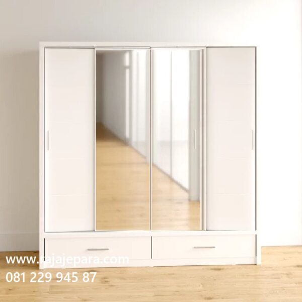 Lemari pakaian 4 pintu sliding minimalis modern dan klasik ukuran terbaru model desain almari baju empat pintu geser kaca cermin putih harga murah