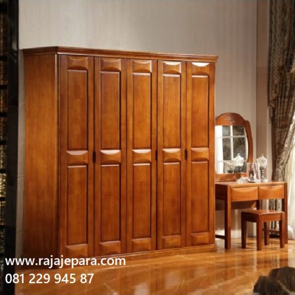 Lemari pakaian 5 pintu Jepara jati model almari baju lima pintu dari kayu desain minimalis mewah modern dan klasik kuno ukuran terbaru harga murah