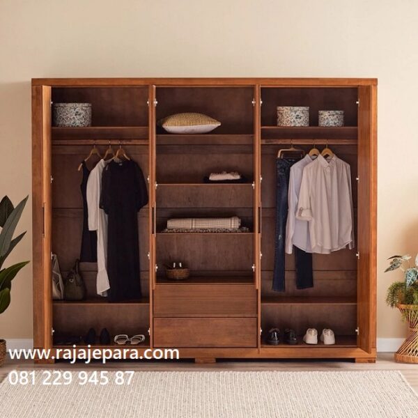 Lemari pakaian 6 pintu jati Jepara model desain almari baju enam pintu kaca 2 laci dari kayu minimalis mewah modern dan klasik harga murah