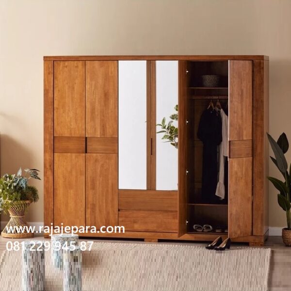 Lemari pakaian 6 pintu jati Jepara model desain almari baju enam pintu kaca 2 laci dari kayu minimalis mewah modern dan klasik harga murah