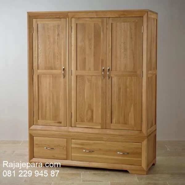Desain lemari pakaian kayu jati minimalis mewah modern dan klasik ukuran terbaru model almari baju 3 pintu 2 laci Jepara harga murah
