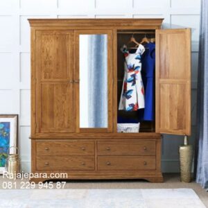 Harga lemari pakaian kayu jati 3 pintu murah model almari baju 4 laci Jepara desain minimalis mewah modern dan klasik ukuran terbaru