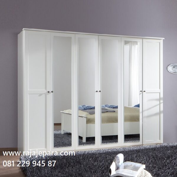 Lemari pakaian 6 pintu kaca cermin model desain almari baju enam pintu putih cat duco minimalis mewah modern klasik ukuran terbaru harga murah