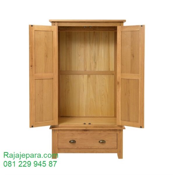 Lemari pakaian kayu jati 2 pintu minimalis modern dan klasik model almari baju dua pintu 1 laci bahan dari Jepara desain ukuran terbaru harga murah