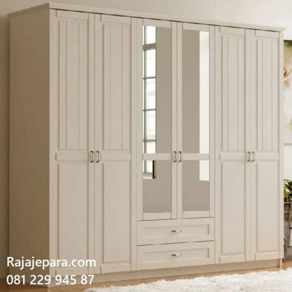 Model lemari pakaian 6 pintu terbaru desain almari baju warna putih enam pintu kaca cermin 2 laci putih desain minimalis modern klasik harga murah