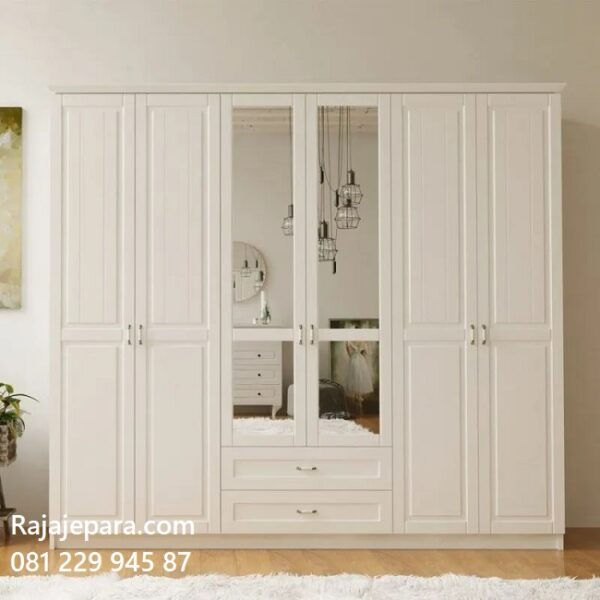Model lemari pakaian 6 pintu terbaru desain almari baju warna putih enam pintu kaca cermin 2 laci putih desain minimalis modern klasik harga murah
