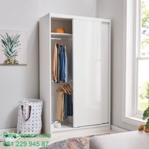 Lemari pakaian minimalis 2 pintu sliding door geser model almari baju dua pintu kaca dari kayu warna putih cat duco modern dan klasik harga murah
