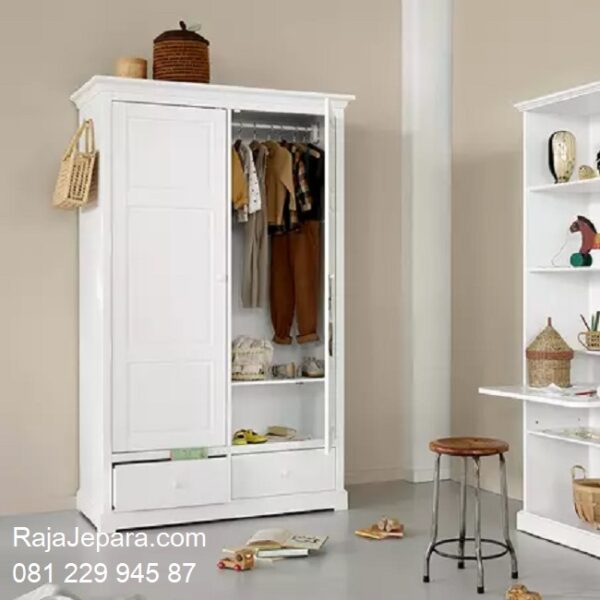 Lemari pakaian minimalis murah modern dan klasik ukuran terbaru model desain almari baju 2 pintu dua laci warna putih dari kayu harga murah