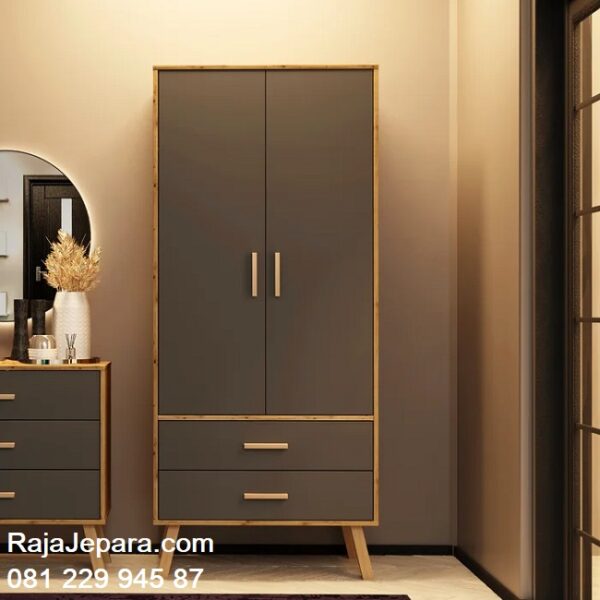 Lemari pakaian modern mewah klasik dan minimalis model terbaru ukuran 2 pintu desain almari baju 2 laci dari kayu Jepara harga murah