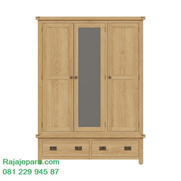 Model lemari pakaian kayu jati 3 pintu Jepara desain almari baju tiga pintu kaca cermin 2 laci minimalis modern dan klasik ukuran terbaru harga murah