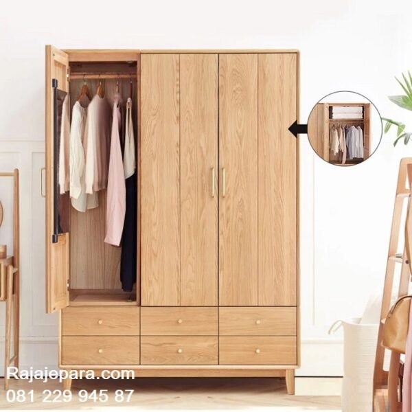 Model lemari pakaian kayu jati minimalis modern dan klasik ukuran terbaru desain almari baju 3 pintu 6 laci Jepara vintage harga murah