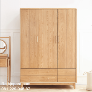 Model lemari pakaian kayu jati minimalis modern dan klasik ukuran terbaru desain almari baju 3 pintu 6 laci Jepara vintage harga murah