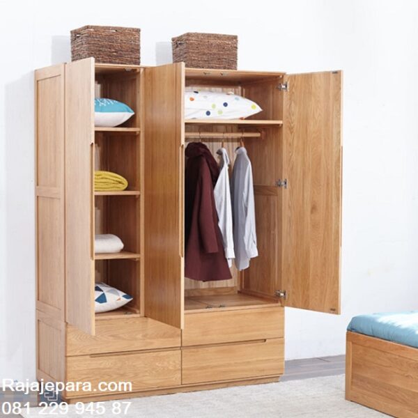 Model lemari pakaian kayu jati terbaru Jepara desain almari baju 3 pintu 4 laci minimalis mewah modern dan klasik ukuran terbaru harga murah