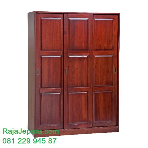 Lemari pakaian sliding 3 pintu jati Jepara model desain almari baju tiga pintu geser door dari kayu mewah modern klasik ukuran terbaru harga murah