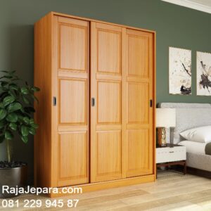 Lemari pakaian sliding 3 pintu jati Jepara model desain almari baju tiga pintu geser door dari kayu mewah modern klasik ukuran terbaru harga murah